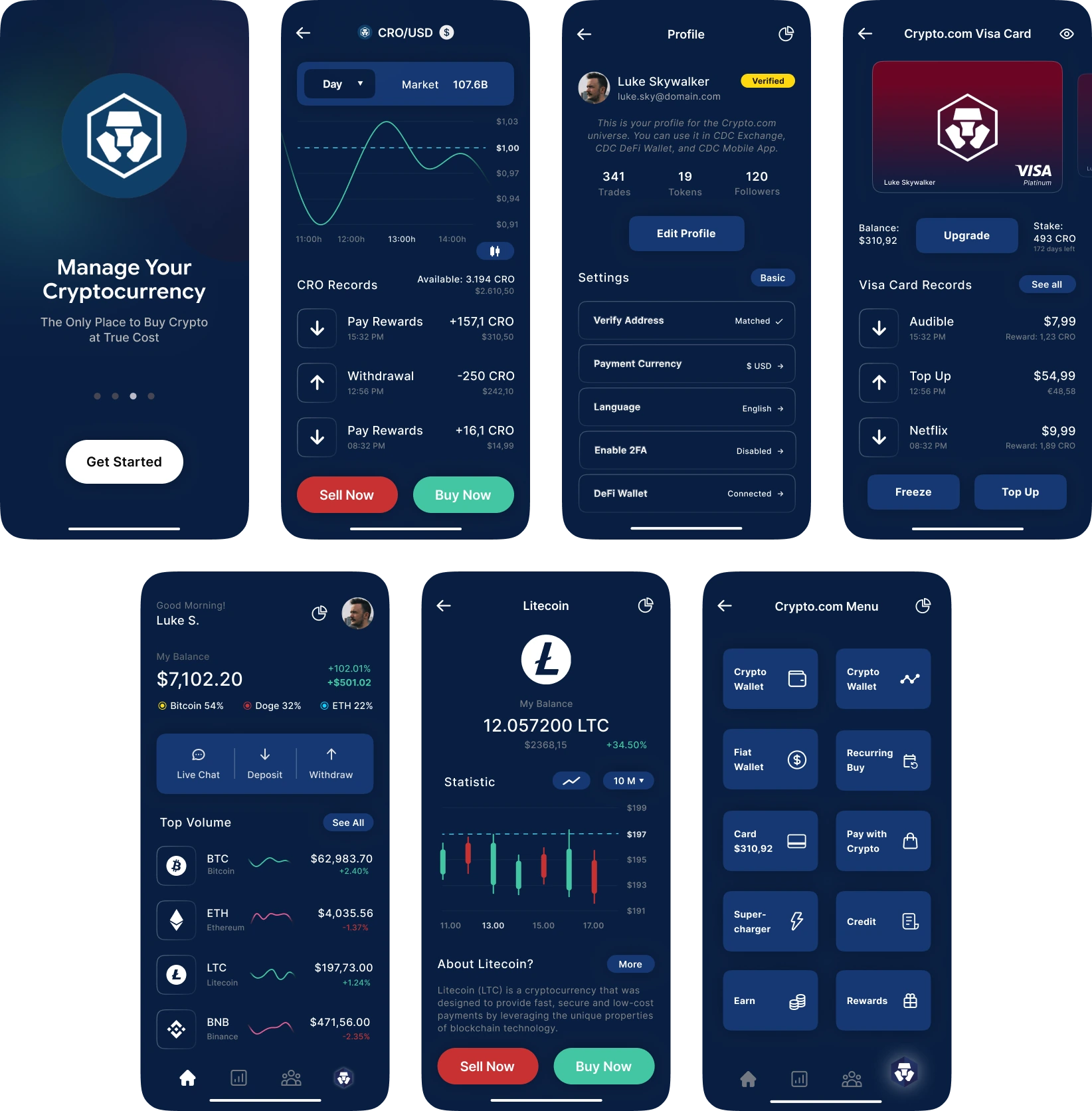 Crypto.com mobile app design: onboarding, wallet, trading, profile, Visa card, and menu screens