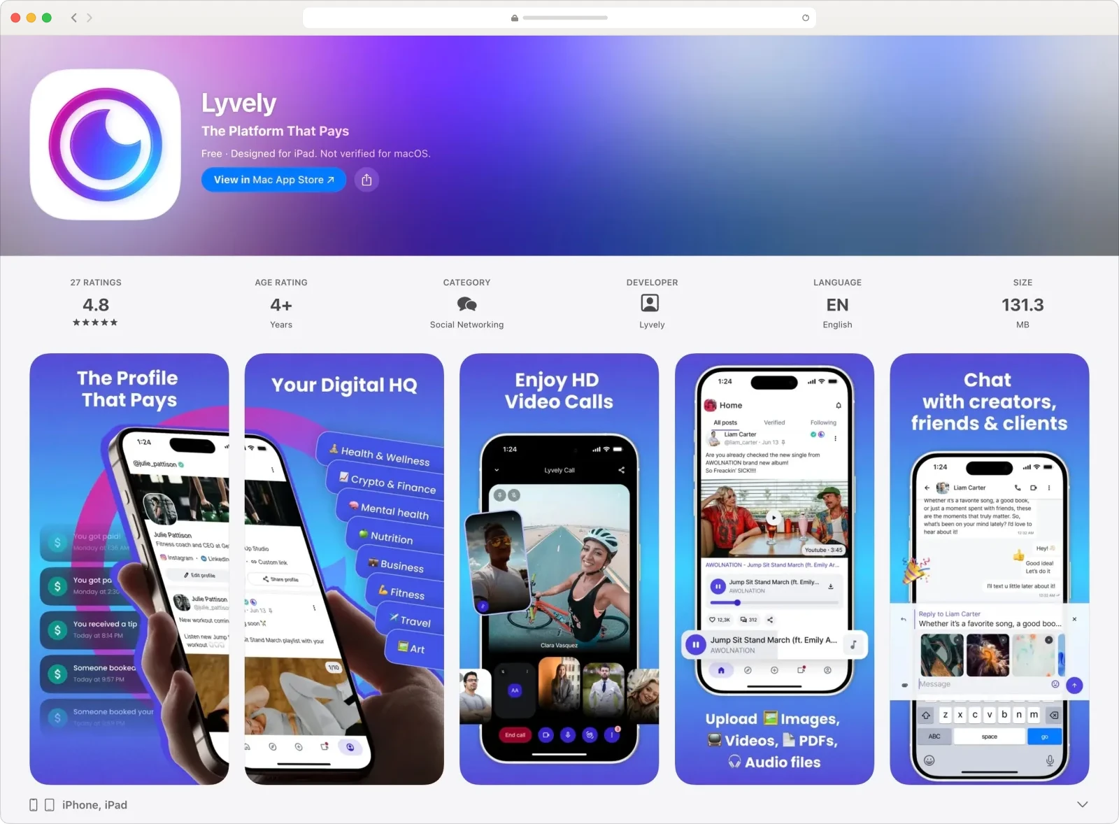 Lyvely on the App Store: “The Platform That Pays”, rated 4.8, with screenshots of profiles, categories, video calls, uploads and chat