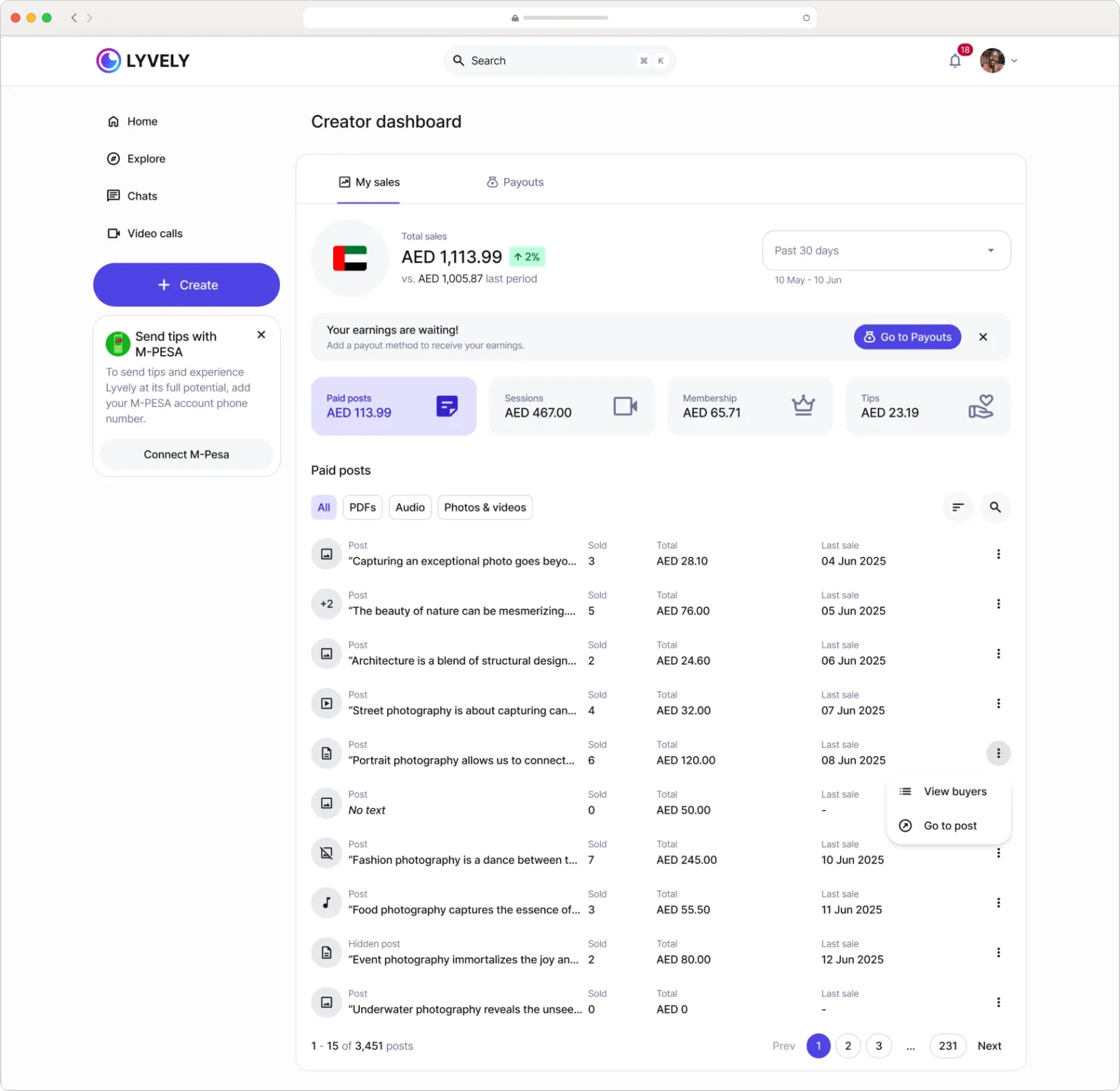 Creator dashboard with earnings, payouts and a table of paid posts