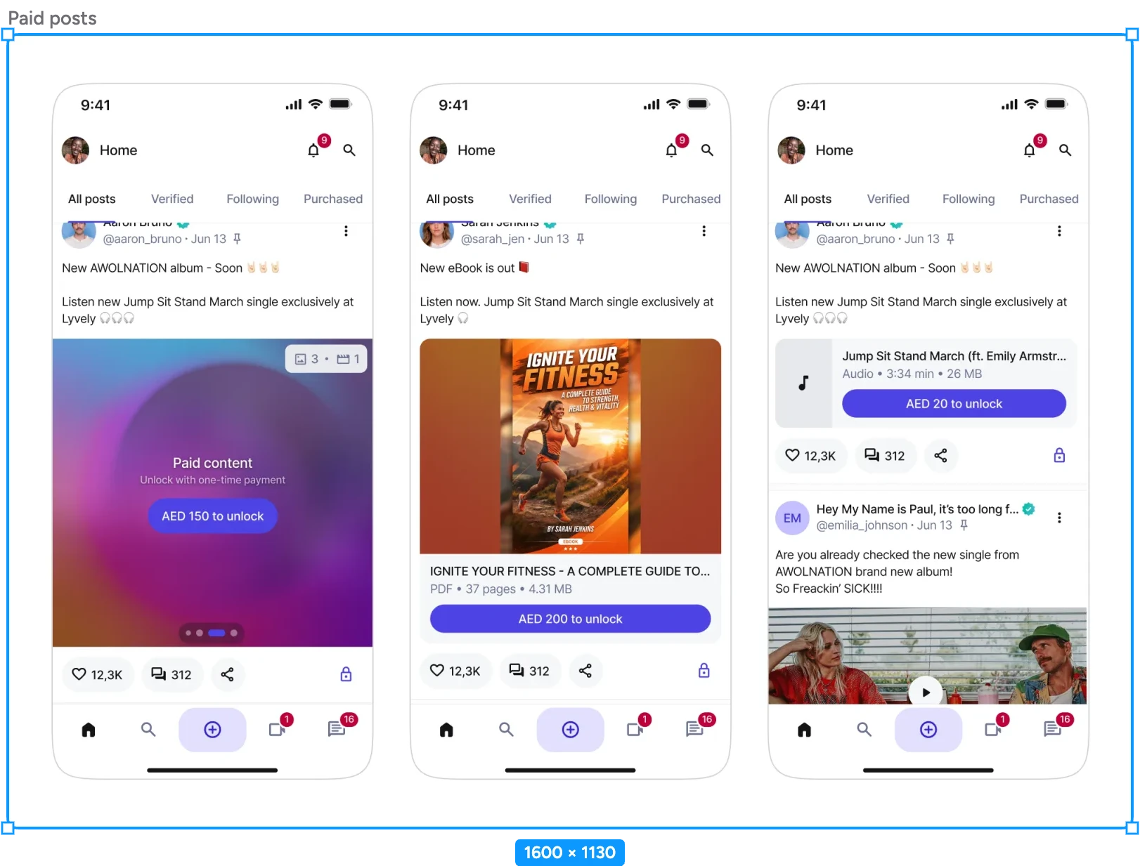 Locked post previews: blurred media with content chips, a PDF with page count and size, and audio with duration