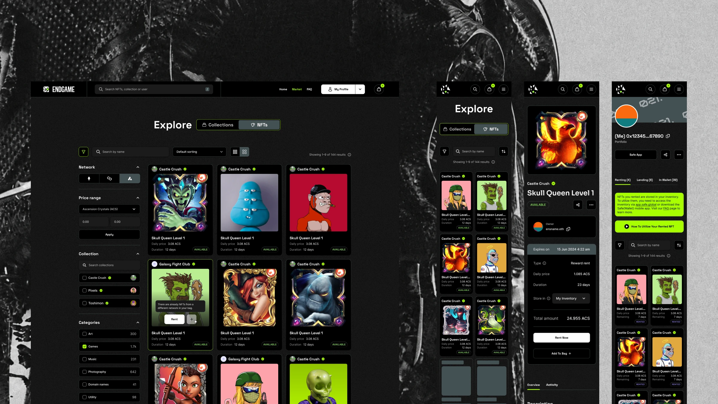 Endgame NFT rental marketplace: desktop explore page and mobile marketplace, rental details, and portfolio screens