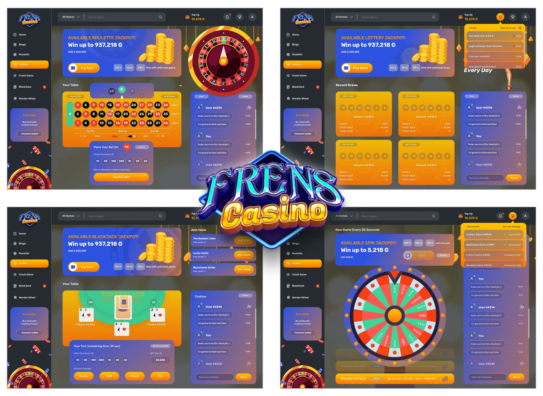 Frens Casino: roulette and wheel game screens