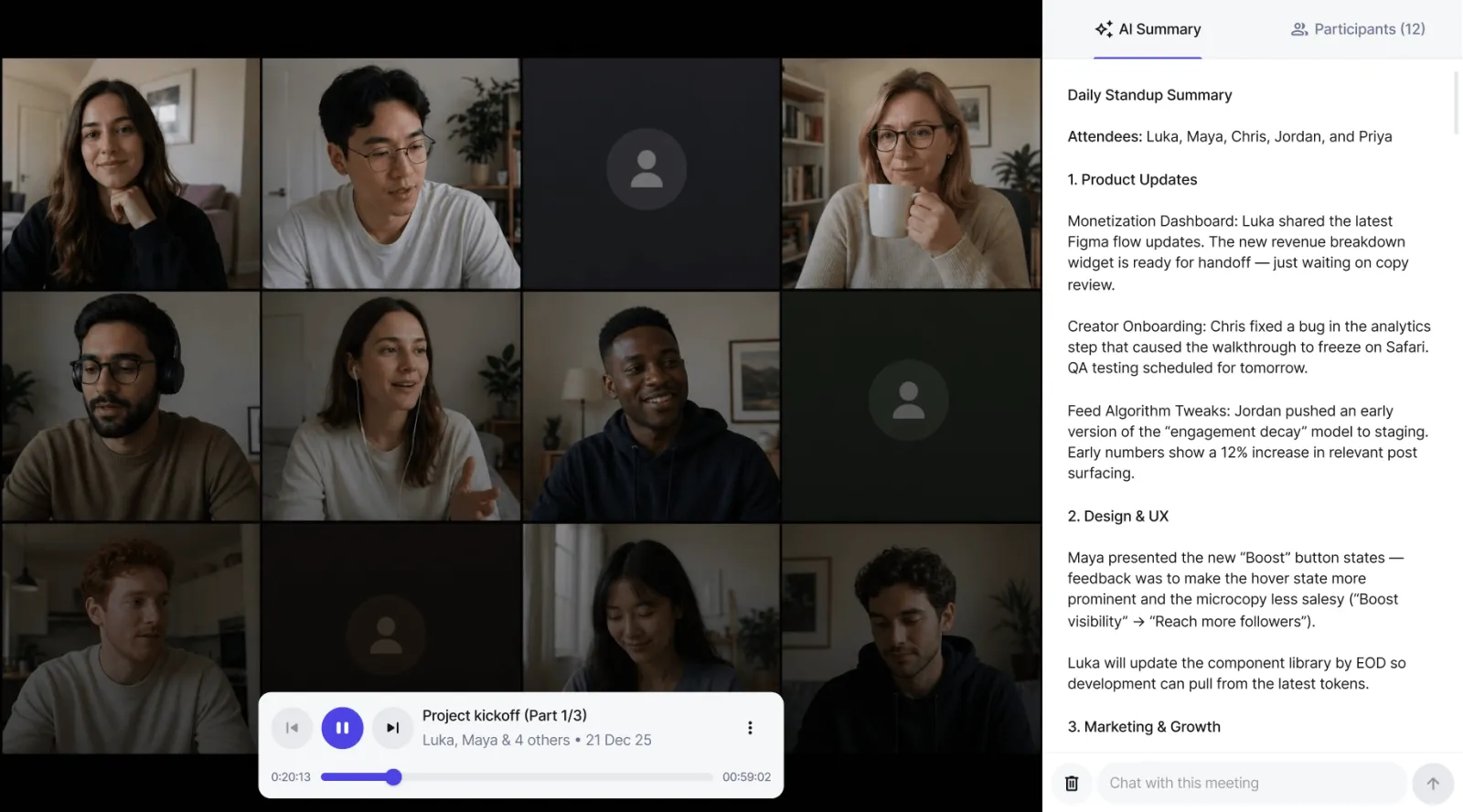 Lyvely: group video call with an AI meeting summary