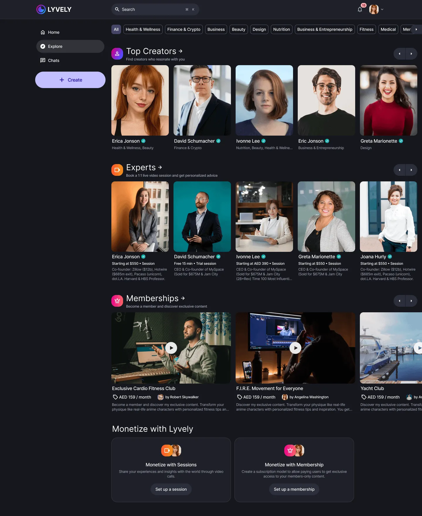 Lyvely: dark-mode explore page with top creators