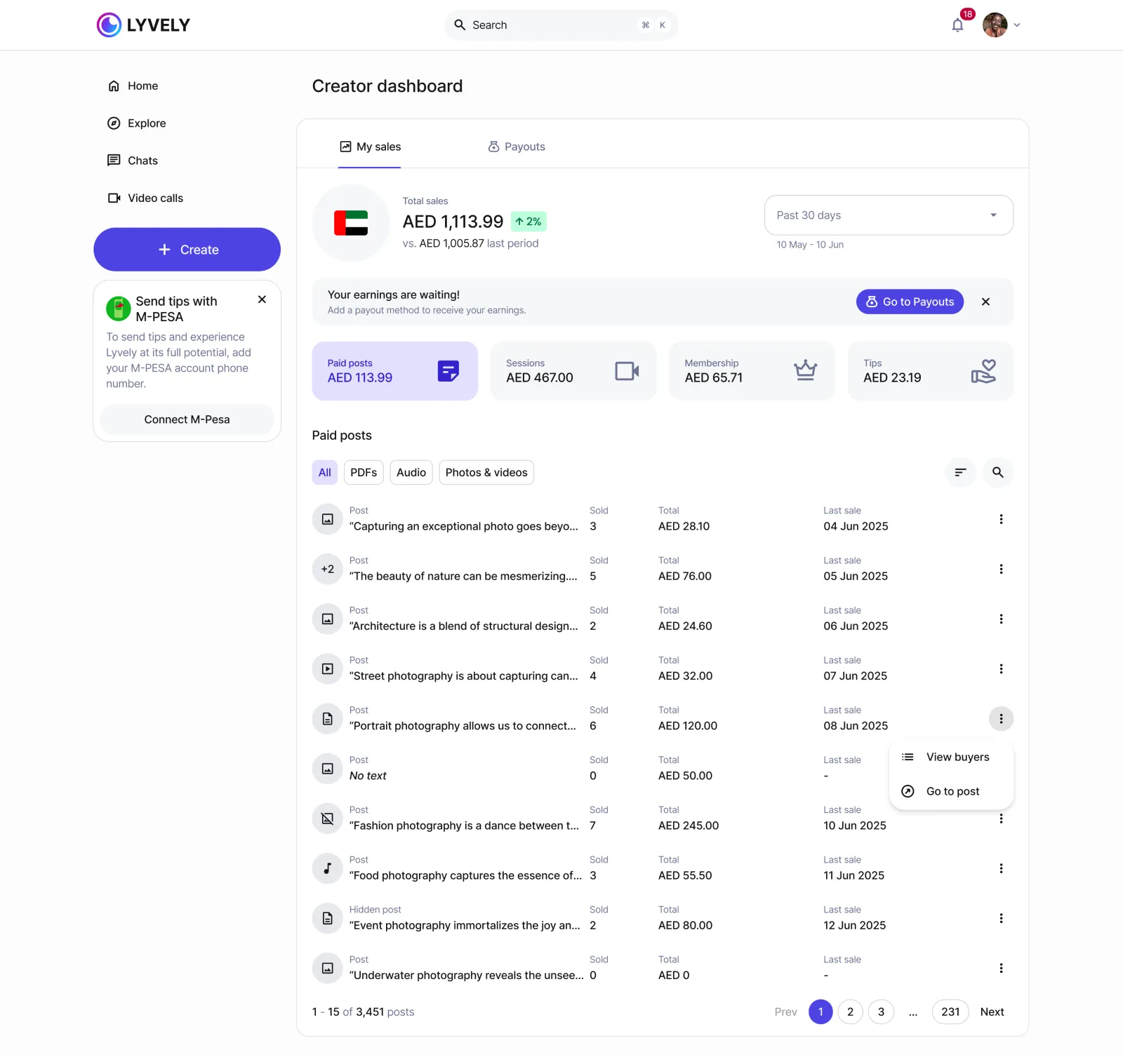 Lyvely: creator dashboard with earnings and paid posts