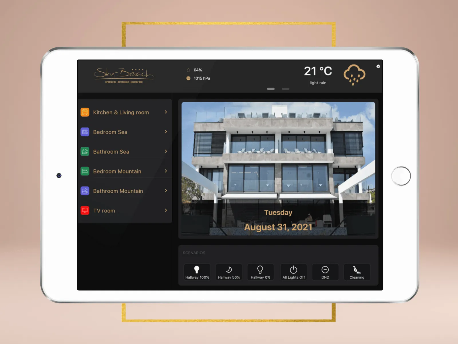 Sky-Beach smart hotel control panel for mobile and tablet devices