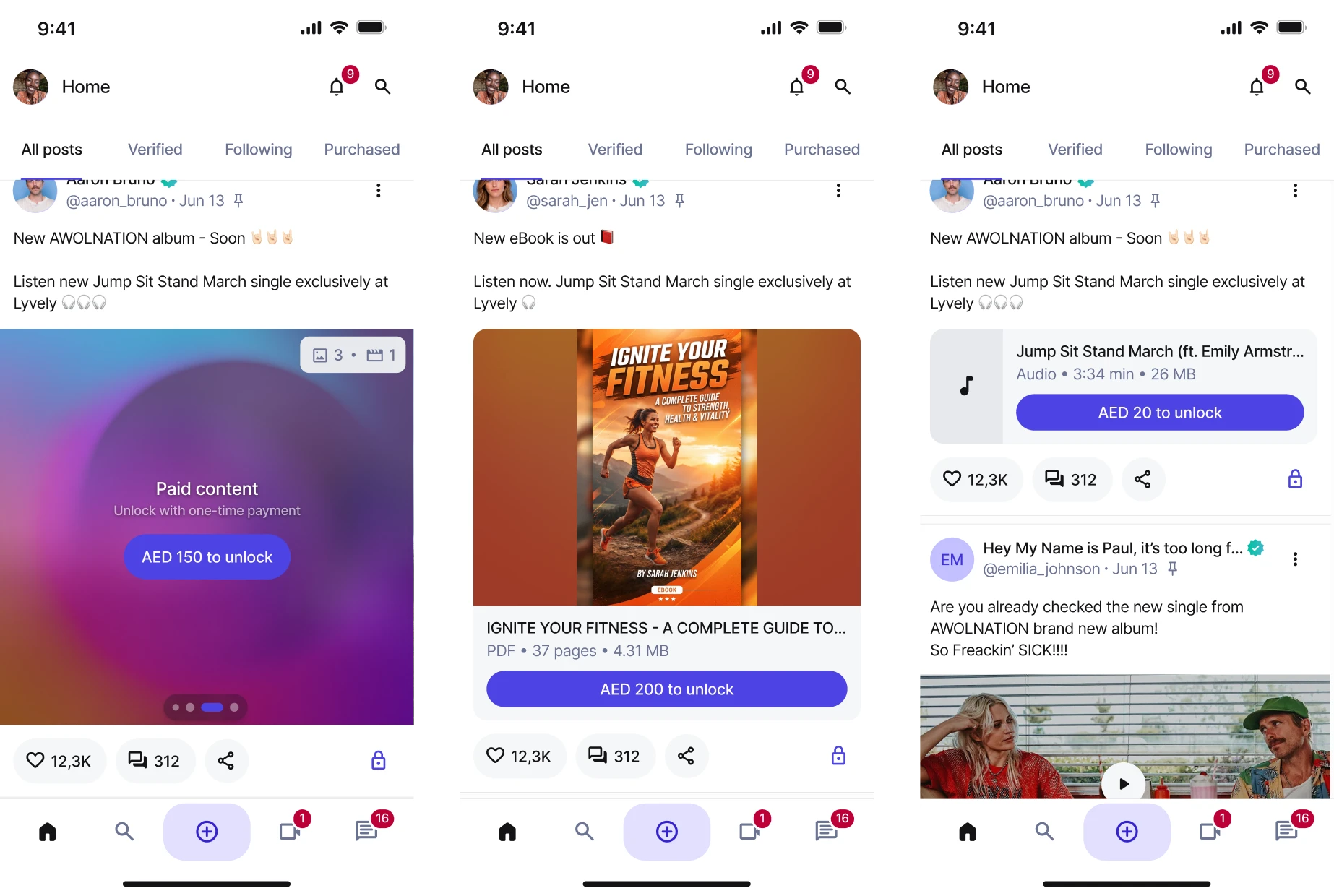 Lyvely: mobile feed with locked, pay-to-unlock posts