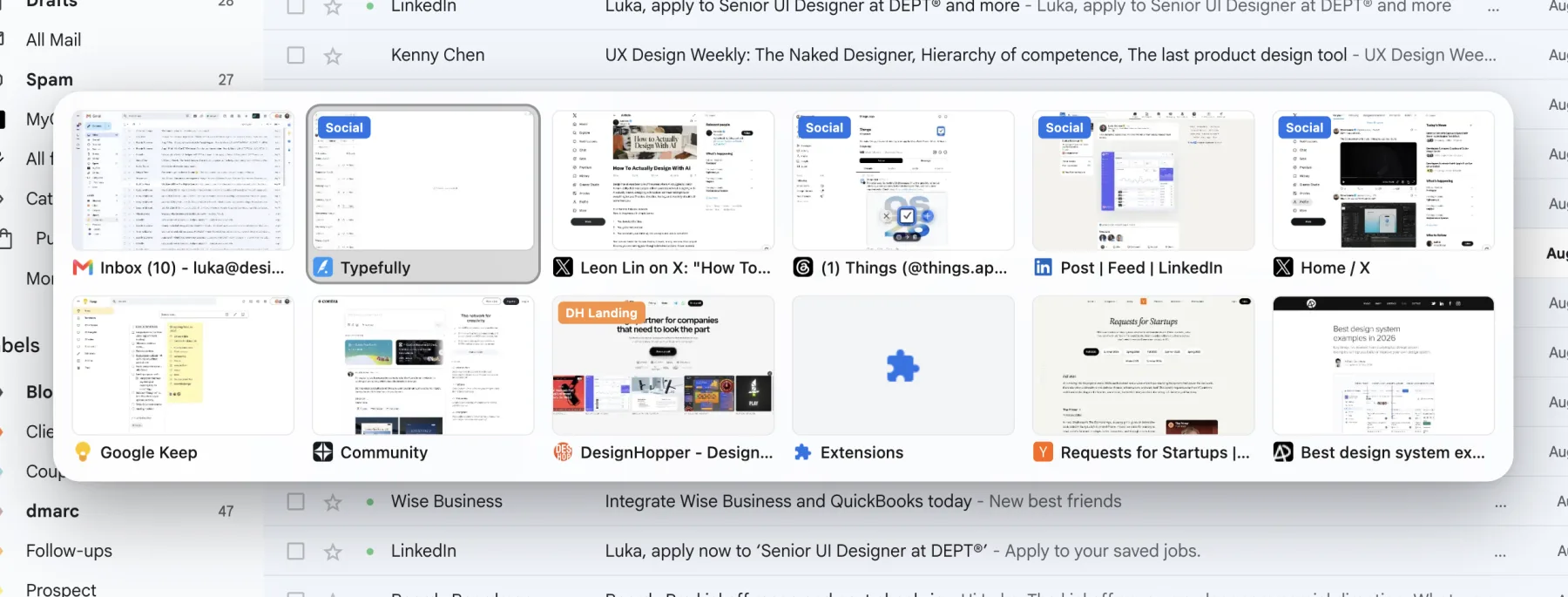 Tab switcher overlay showing live thumbnails of recent Chrome tabs
