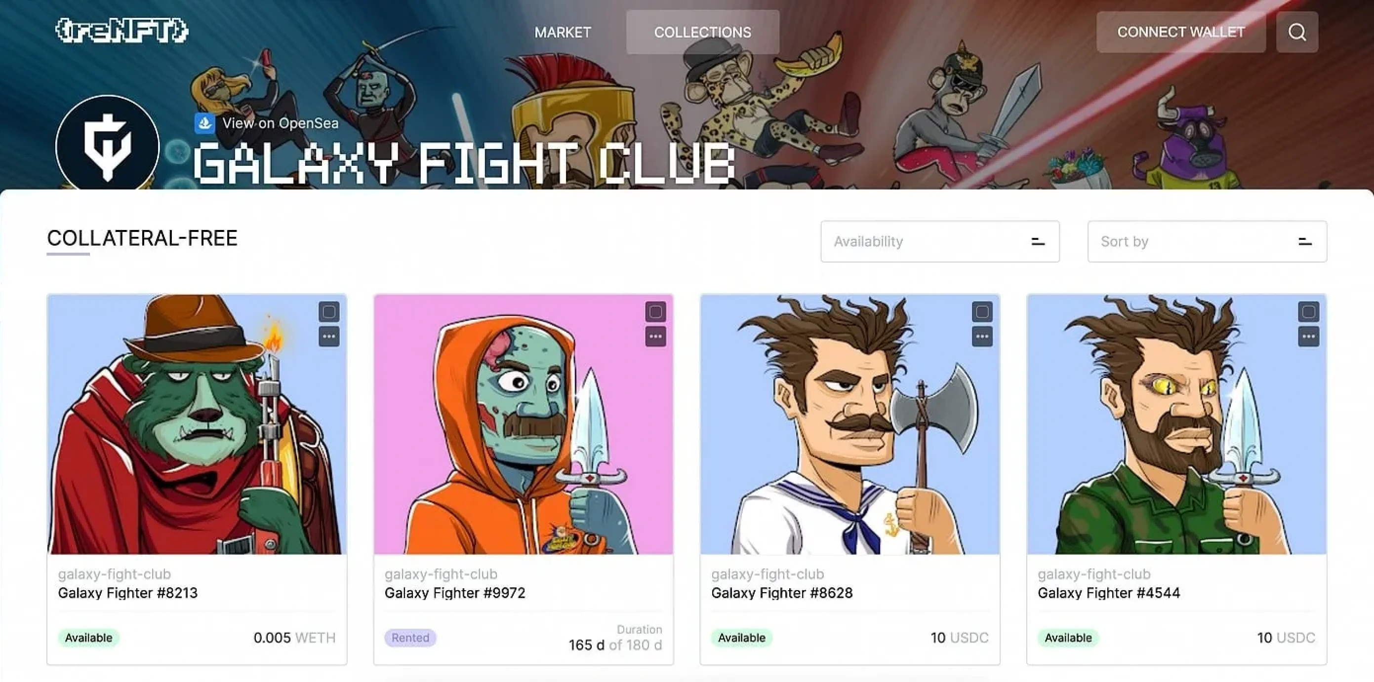 reNFT: Galaxy Fight Club collateral-free rentals page